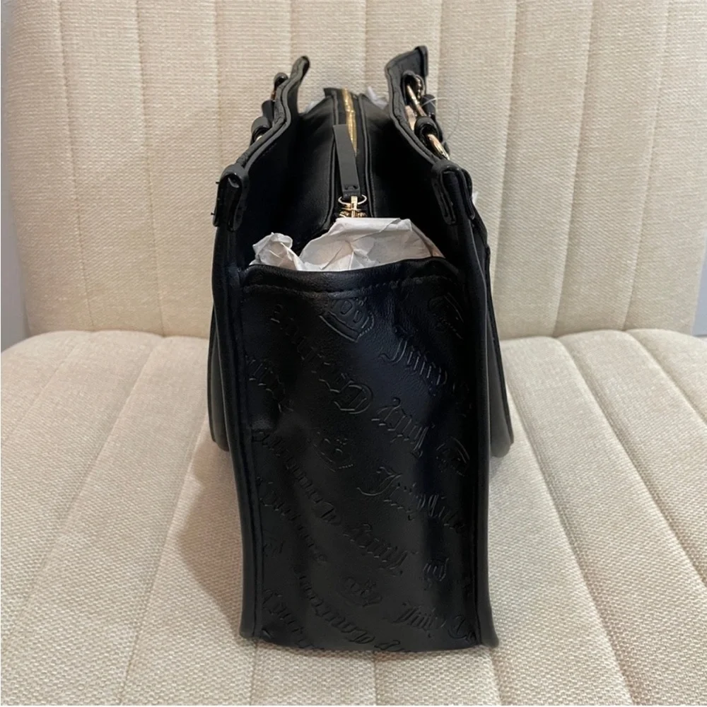 NEW Juicy Couture‎ Black Embossed Logo Tote Bag Gold Rhinestone JC Charm